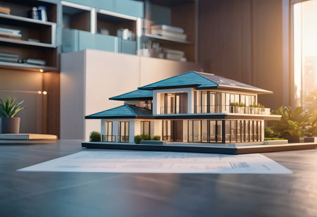 concept 3d render miniature model maquette of small skyscraper building on table in real estate agency. signing mortgage contract document demonstrating. futuristic business.の素材