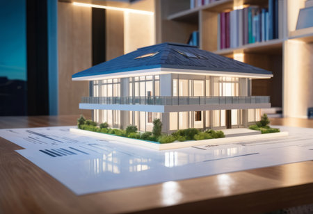 concept 3d render miniature model maquette of small skyscraper building on table in real estate agency. signing mortgage contract document demonstrating. futuristic business.の素材