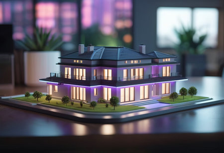 concept 3d render miniature model maquette of small skyscraper building on table in real estate agency. signing mortgage contract document demonstrating. futuristic business.の素材
