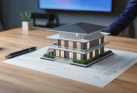 concept 3d render miniature model maquette of small skyscraper building on table in real estate agency. signing mortgage contract document demonstrating. futuristic business.の素材