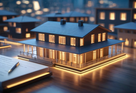 concept 3d render miniature model maquette of small skyscraper building on table in real estate agency. signing mortgage contract document demonstrating. futuristic business.の素材
