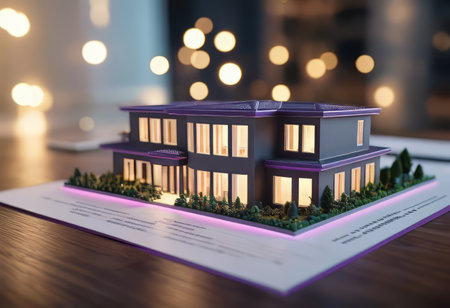 concept 3d render miniature model maquette of small skyscraper building on table in real estate agency. signing mortgage contract document demonstrating. futuristic business.の素材