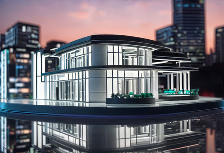 concept 3d render miniature model maquette of small skyscraper building on table in real estate agency. signing mortgage contract document demonstrating. futuristic business.の素材