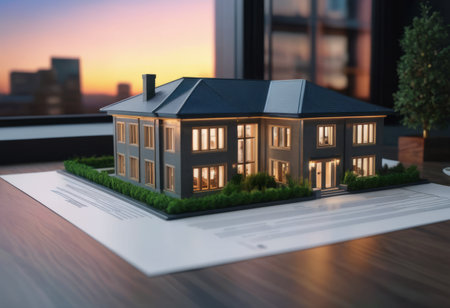 concept 3d render miniature model maquette of small skyscraper building on table in real estate agency. signing mortgage contract document demonstrating. futuristic business.の素材