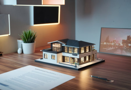 concept 3d render miniature model maquette of small skyscraper building on table in real estate agency. signing mortgage contract document demonstrating. futuristic business.の素材