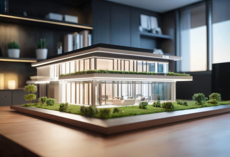 concept 3d render miniature model maquette of small skyscraper building on table in real estate agency. signing mortgage contract document demonstrating. futuristic business.の素材