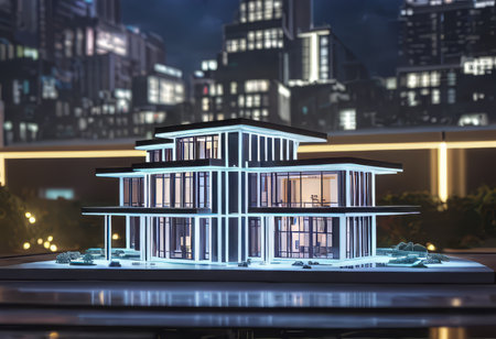 concept 3d render miniature model maquette of small skyscraper building on table in real estate agency. signing mortgage contract document demonstrating. futuristic business.の素材