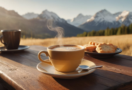 Coffee cup on wood table and view of beautiful nature background.の素材