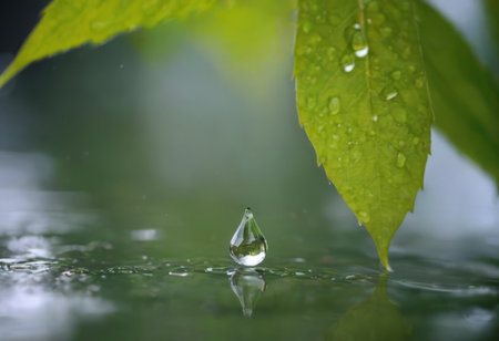 Large beautiful drops of transparent rain water on a green leaf macro. Drops of dew in the morning glow in the sun. Beautiful leaf texture in nature. Natural backgroundの素材