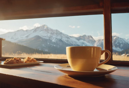 Coffee cup on wood table and view of beautiful nature background.の素材