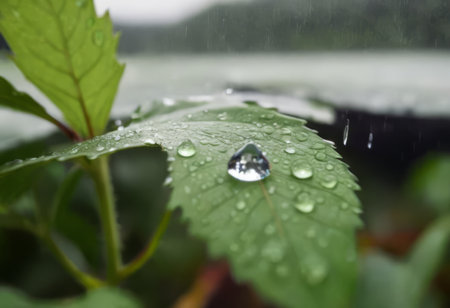 Large beautiful drops of transparent rain water on a green leaf macro. Drops of dew in the morning glow in the sun. Beautiful leaf texture in nature. Natural backgroundの素材