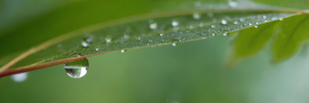 Large beautiful drops of transparent rain water on a green leaf macro. Drops of dew in the morning glow in the sun. Beautiful leaf texture in nature. Natural backgroundの素材