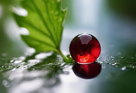Large beautiful drops of transparent rain water on a green leaf macro. Drops of dew in the morning glow in the sun. Beautiful leaf texture in nature. Natural backgroundの素材