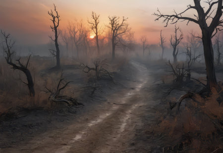 Scorched earth with dirt walking track, path through burnt landscape after bushfire, forest fireの素材