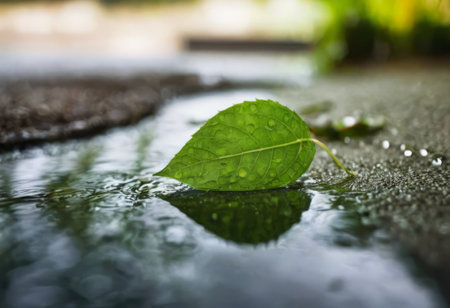 Large beautiful drops of transparent rain water on a green leaf macro. Drops of dew in the morning glow in the sun. Beautiful leaf texture in nature. Natural backgroundの素材