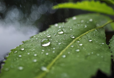 Large beautiful drops of transparent rain water on a green leaf macro. Drops of dew in the morning glow in the sun. Beautiful leaf texture in nature. Natural backgroundの素材