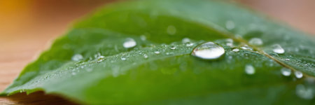 Large beautiful drops of transparent rain water on a green leaf macro. Drops of dew in the morning glow in the sun. Beautiful leaf texture in nature. Natural backgroundの素材