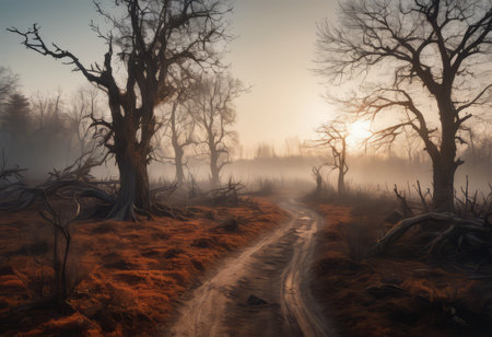 Scorched earth with dirt walking track, path through burnt landscape after bushfire, forest fireの素材