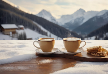 Coffee cup on wood table and view of beautiful nature background.の素材