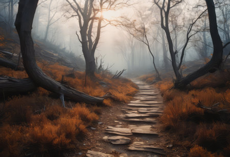 Scorched earth with dirt walking track, path through burnt landscape after bushfire, forest fireの素材