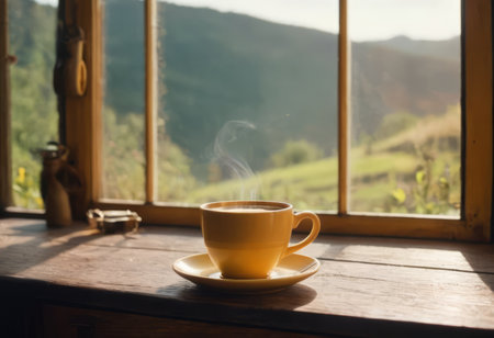Steam rising from freshly prepared coffee in cup on table at homeの素材