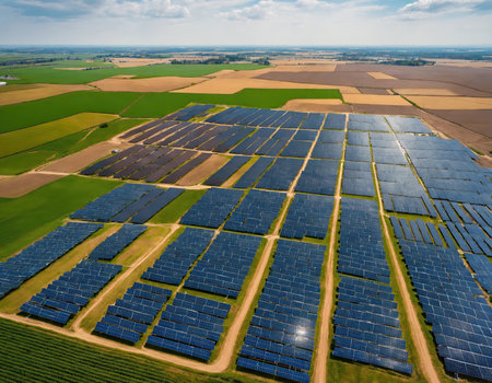 Solar panels on the sky background. Solar power plant. Blue solar panels. Alternative source of electricity. Solar farm.の素材