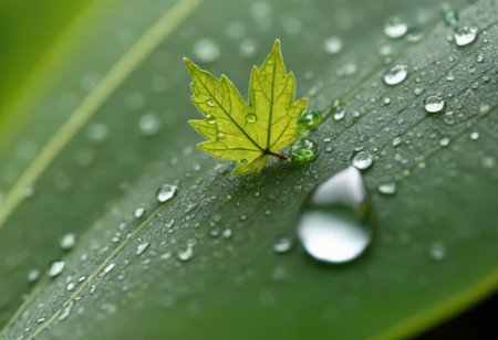 Large beautiful drops of transparent rain water on a green leaf macro. Drops of dew in the morning glow in the sun. Beautiful leaf texture in nature. Natural backgroundの素材