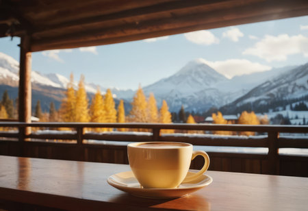 Coffee cup on wood table and view of beautiful nature background.の素材