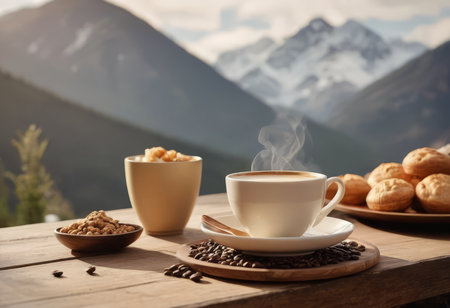 Coffee cup on wood table and view of beautiful nature background.の素材