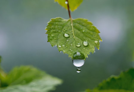 Large beautiful drops of transparent rain water on a green leaf macro. Drops of dew in the morning glow in the sun. Beautiful leaf texture in nature. Natural backgroundの素材