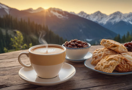 Coffee cup on wood table and view of beautiful nature background.の素材