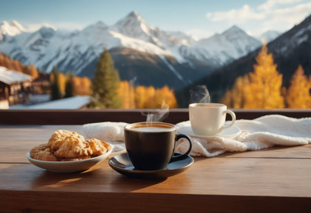 Coffee cup on wood table and view of beautiful nature background.の素材