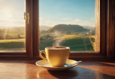 Steam rising from freshly prepared coffee in cup on table at homeの素材