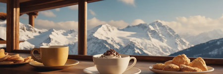 Coffee cup on wood table and view of beautiful nature background.の素材