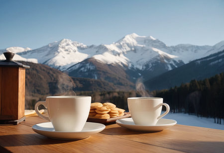 Coffee cup on wood table and view of beautiful nature background.の素材