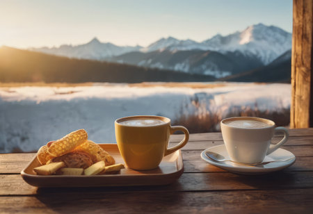 Coffee cup on wood table and view of beautiful nature background.の素材