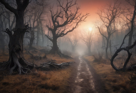 Scorched earth with dirt walking track, path through burnt landscape after bushfire, forest fireの素材