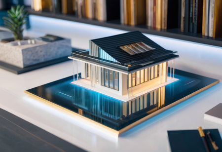 concept 3d render miniature model maquette of small skyscraper building on table in real estate agency. signing mortgage contract document demonstrating. futuristic business.の素材