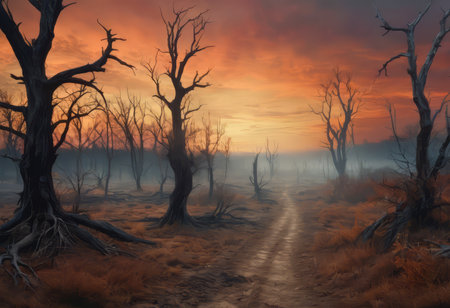 Scorched earth with dirt walking track, path through burnt landscape after bushfire, forest fireの素材