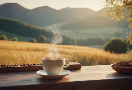 Steam rising from freshly prepared coffee in cup on table at homeの素材