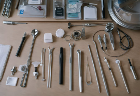 Top down view on various dental instruments such as syringe, toothbrushes, false teeth, pliers, mouth mirror, floss, picks, drill, scissors and maskの素材