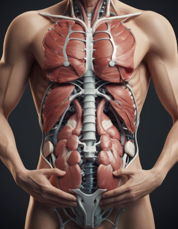 Anatomy human body model in the class room on white background.Part of human body model with organ system.Human muscle model.Medical education concept.の素材