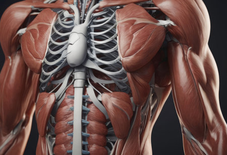 Anatomy human body model in the class room on white background.Part of human body model with organ system.Human muscle model.Medical education concept.の素材