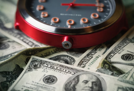 clock and stacks of coins : time - moneyの素材