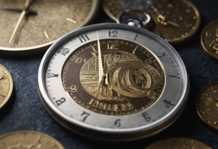 clock and stacks of coins : time - moneyの素材