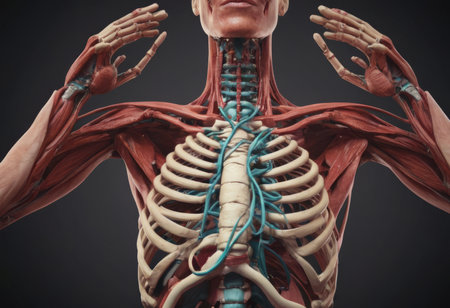 Anatomy human body model in the class room on white background.Part of human body model with organ system.Human muscle model.Medical education concept.の素材