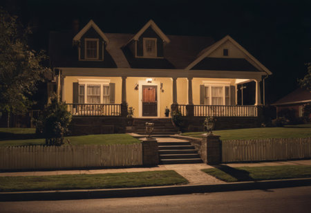 House in the park at night with lights and shadow on the ground.の素材