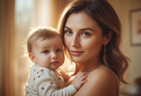 Loving mom caring of her newborn baby at home. Bright portrait of happy mum holding sleeping infant child on hands. Mother hugging her little 2 months old son.の素材