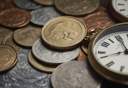 clock and stacks of coins : time - moneyの素材