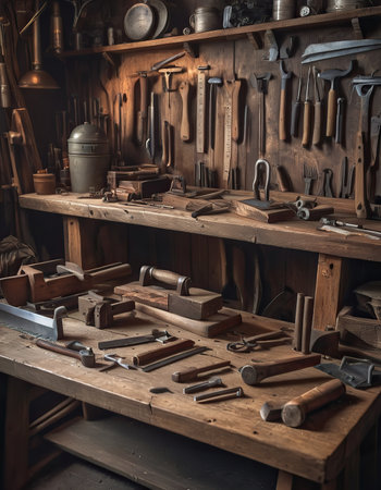 Worn old wooden table and workshop interior. Retro vintage photo of background and mockup. Sun light and dark shadows.の素材